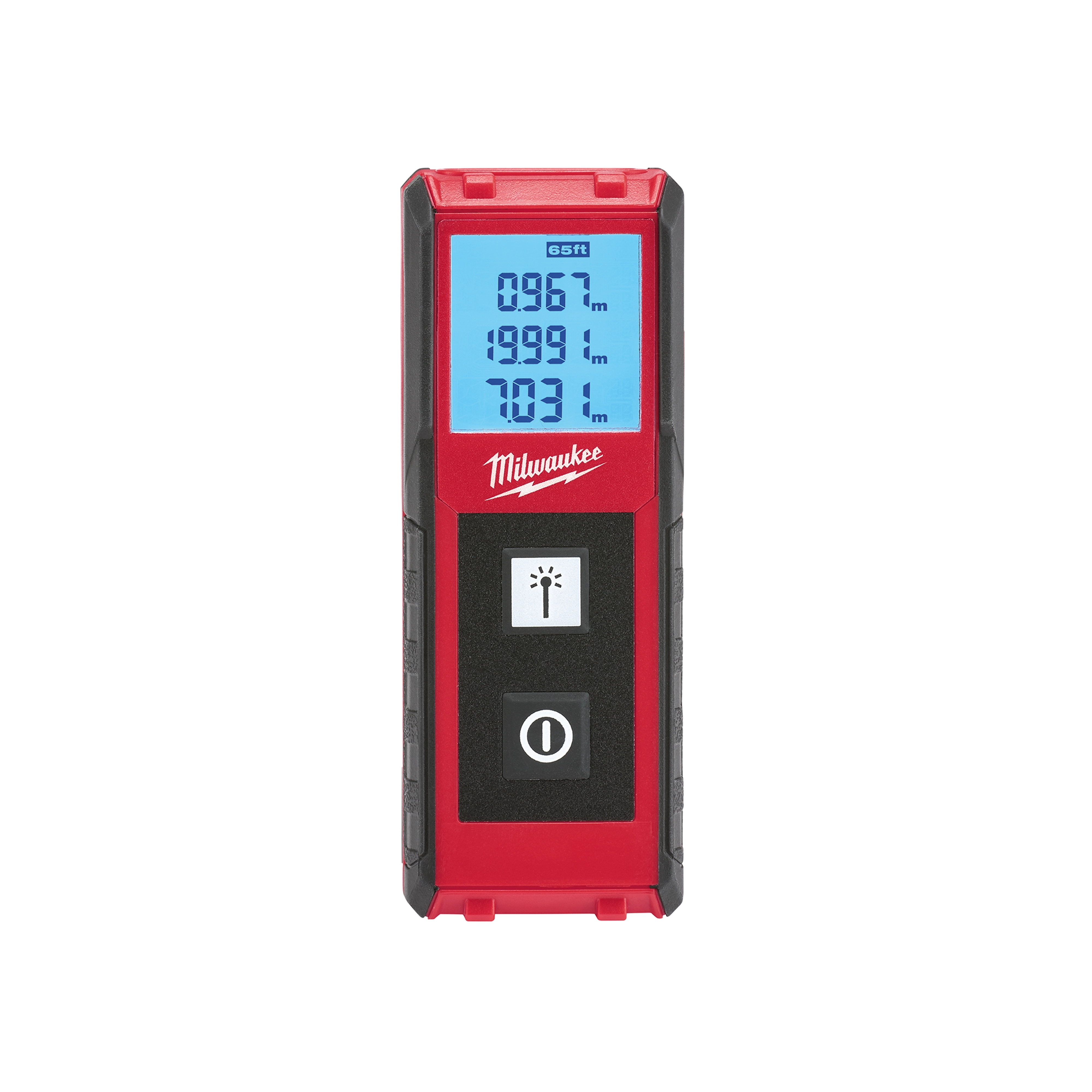 The Laser Distance Meter is a red handheld device with a digital screen displaying measurements in meters. It features two buttons below the screen, one for light and one for power. The product is branded with "Milwaukee" above the buttons.