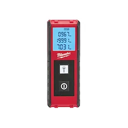 The Laser Distance Meter is a red handheld device with a digital screen displaying measurements in meters. It features two buttons below the screen, one for light and one for power. The product is branded with "Milwaukee" above the buttons.