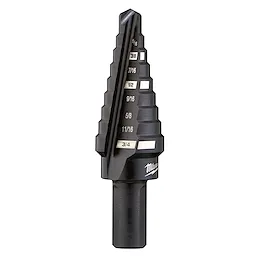 The image displays a #3 Step Drill Bit, with sizes ranging from 1/4" to 3/4" by 1/16". The bit is marked with size increments from 3/16” up to 3/4”. It features a tapered, multi-stepped design for drilling various hole sizes, and has a dark metallic finish.