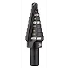 The image displays a #3 Step Drill Bit, with sizes ranging from 1/4" to 3/4" by 1/16". The bit is marked with size increments from 3/16” up to 3/4”. It features a tapered, multi-stepped design for drilling various hole sizes, and has a dark metallic finish.