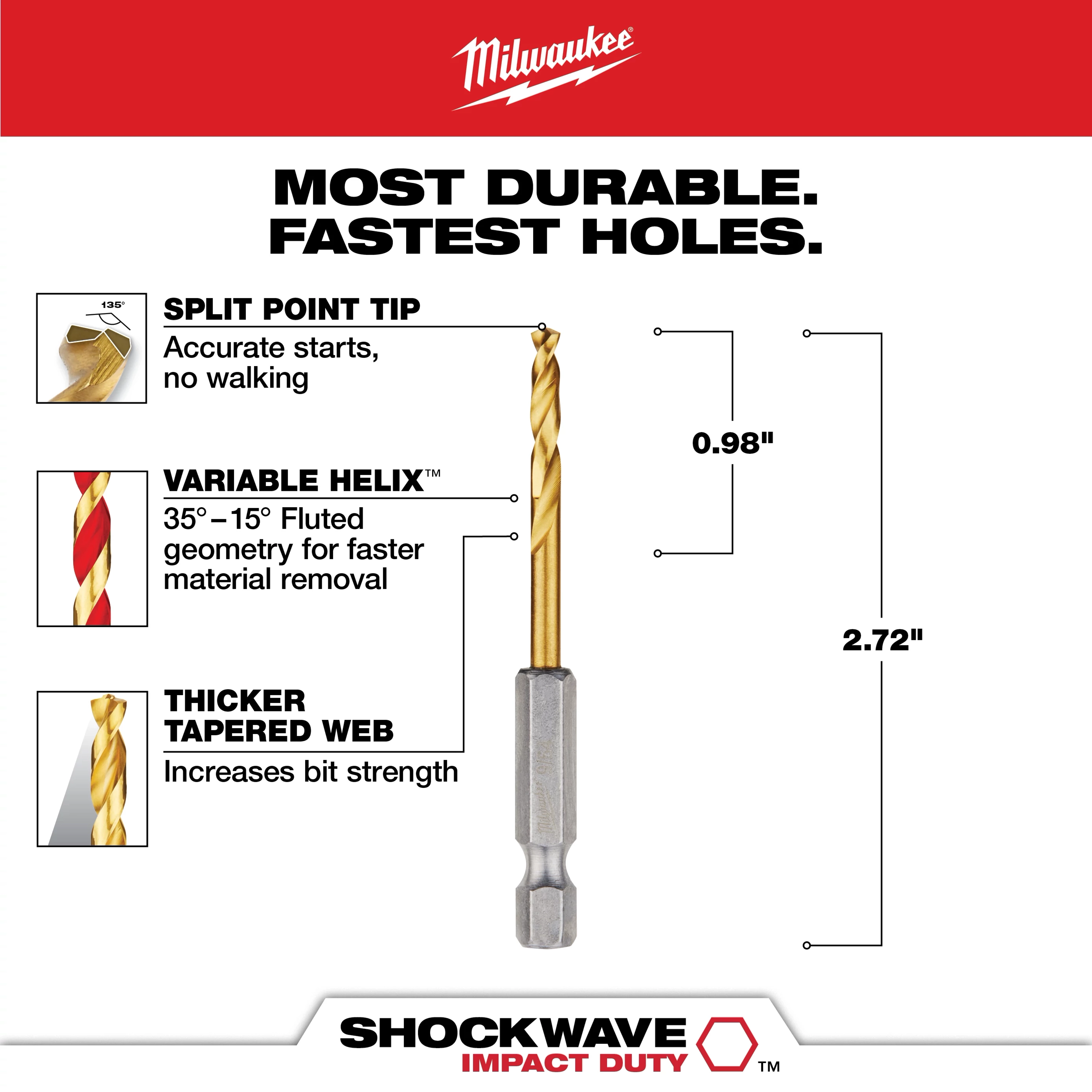 The SHOCKWAVE 9/64 in. Titanium Drill Bit features a split-point tip for accurate starts, a variable helix for faster material removal, and a thicker tapered web for increased bit strength. It measures 2.72 inches long with a 0.98-inch drill bit length. It is designed for durability and fast drilling.