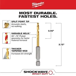 The SHOCKWAVE 9/64 in. Titanium Drill Bit features a split-point tip for accurate starts, a variable helix for faster material removal, and a thicker tapered web for increased bit strength. It measures 2.72 inches long with a 0.98-inch drill bit length. It is designed for durability and fast drilling.
