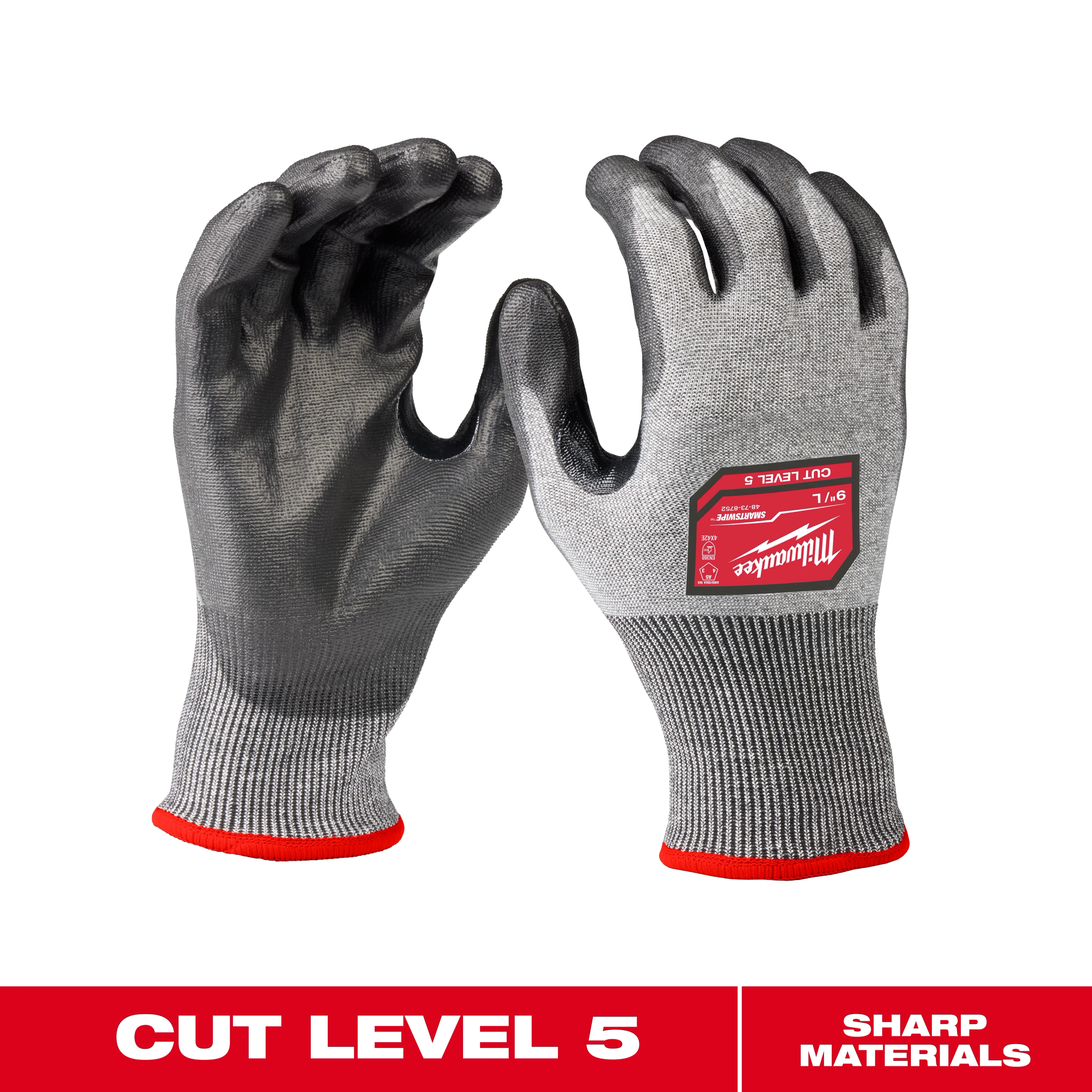 Cut Level 5 High Dexterity Polyurethane Dipped Gloves are grey with black-coated palms, red cuffs, and an A5 ANSI cut level rating.