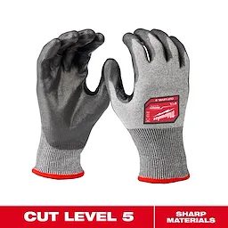 Cut Level 5 High Dexterity Polyurethane Dipped Gloves are grey with black-coated palms, red cuffs, and an A5 ANSI cut level rating.