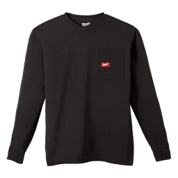 Heavy Duty Pocket T-Shirt - Black, long-sleeve with a crew neck and a chest pocket featuring a red logo tag.