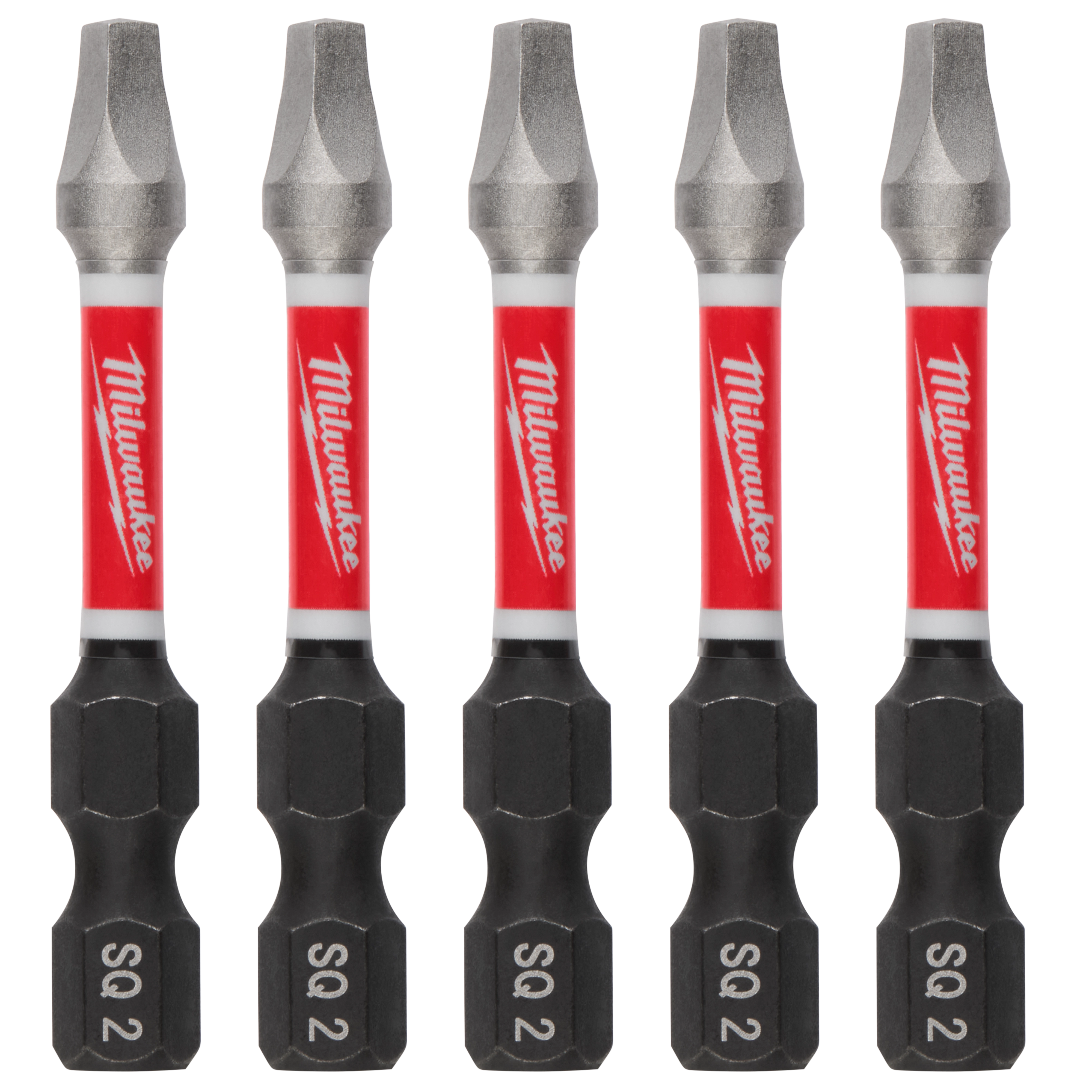 The image shows five SHOCKWAVE™ 2" Impact Duty Square Recess #2 Power Bits (5 PK). Each bit is labeled with "SQ 2" and has a red and white Milwaukee branded middle section.