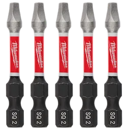 The image shows five SHOCKWAVE™ 2" Impact Duty Square Recess #2 Power Bits (5 PK). Each bit is labeled with "SQ 2" and has a red and white Milwaukee branded middle section.
