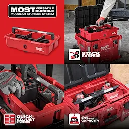 Milwaukee PACKOUT Modular Storage System features a red box with quick-adjust dividers, stackable options, and 25 lb capacity.