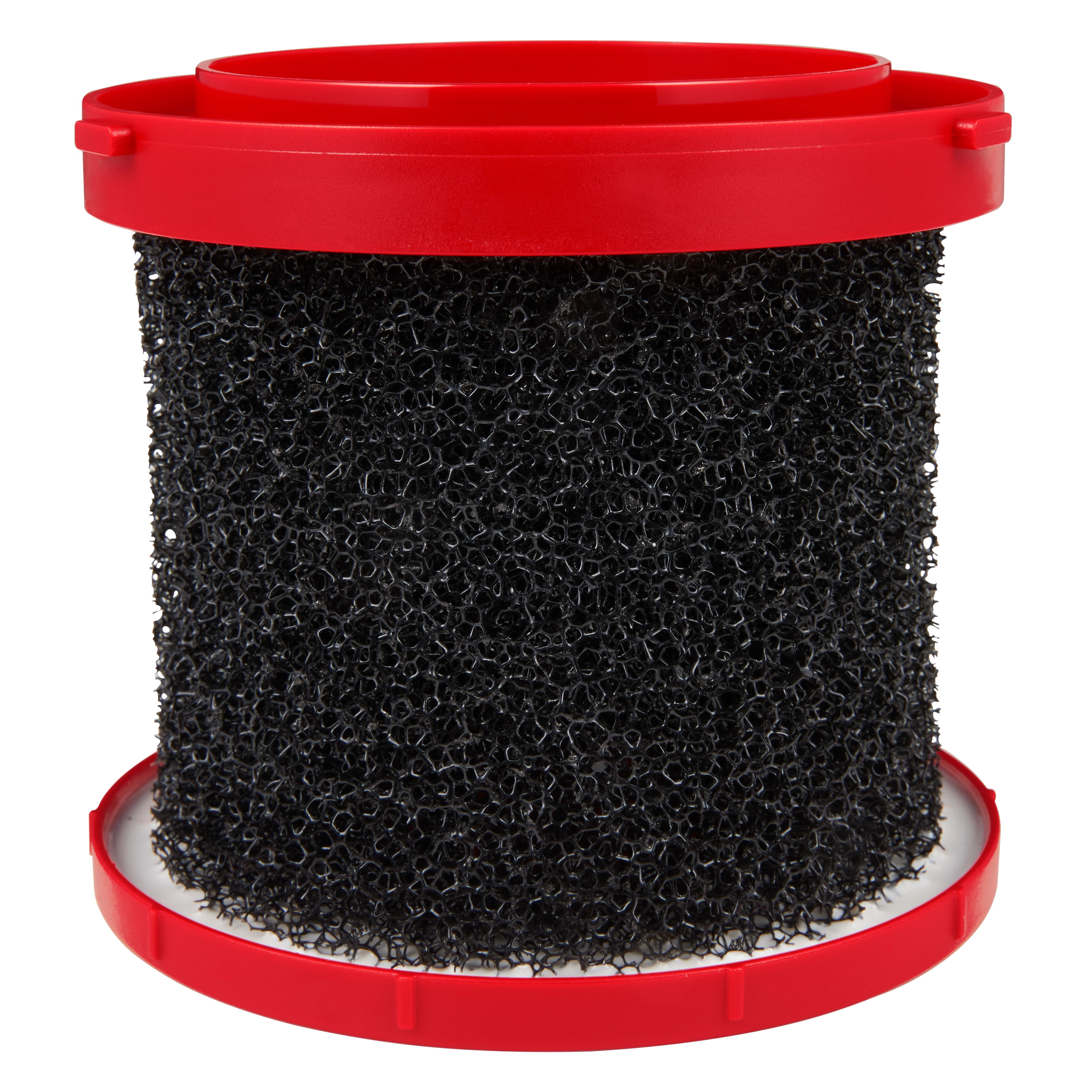 The Wet Foam Filter is a cylindrical black foam filter with a porous texture, encased in round red plastic frames on the top and bottom. It is designed for filtering wet materials.