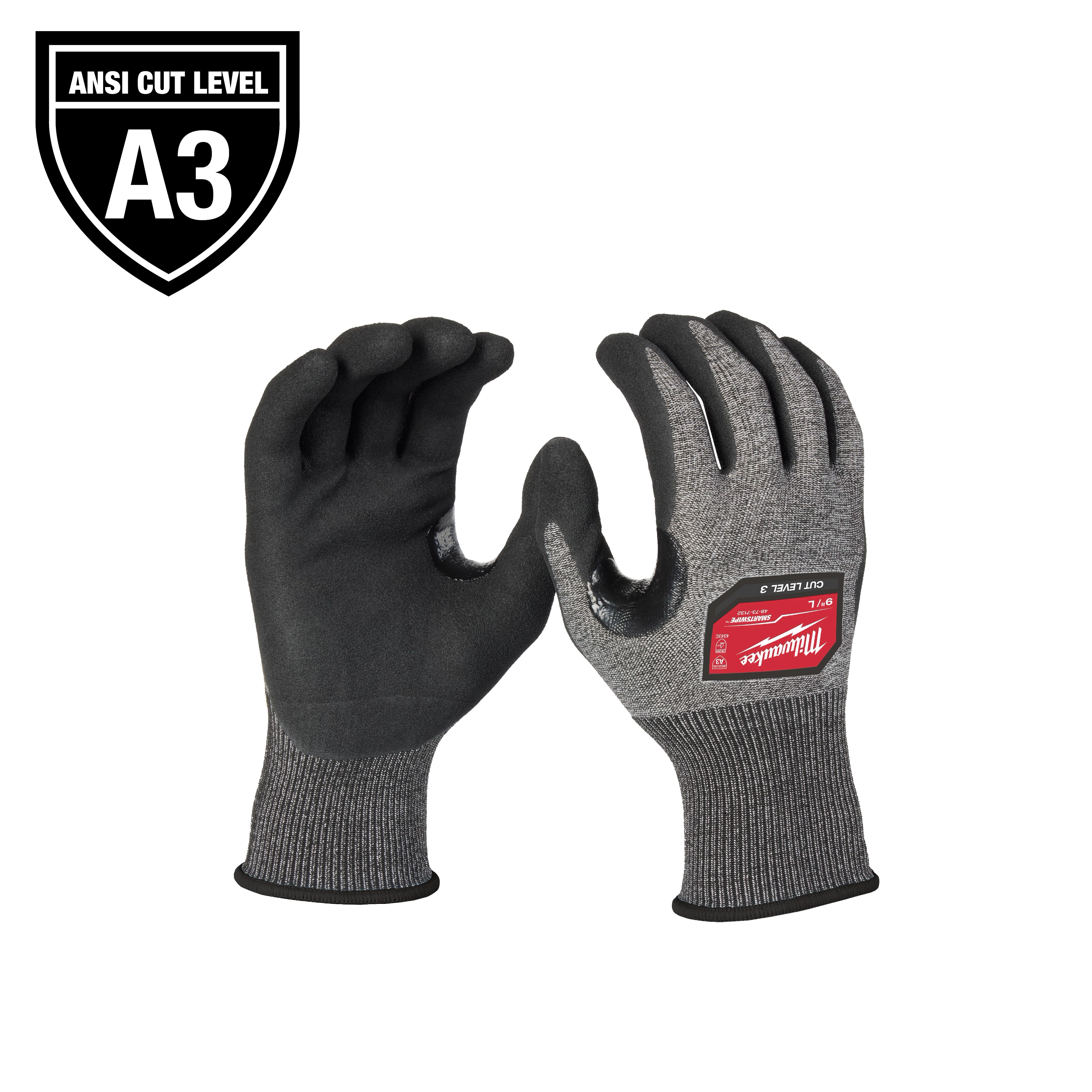 Cut Level 3 High-Dexterity Nitrile Dipped Gloves with gray fabric and black coating on the palms and fingers. ANSI Cut Level A3.