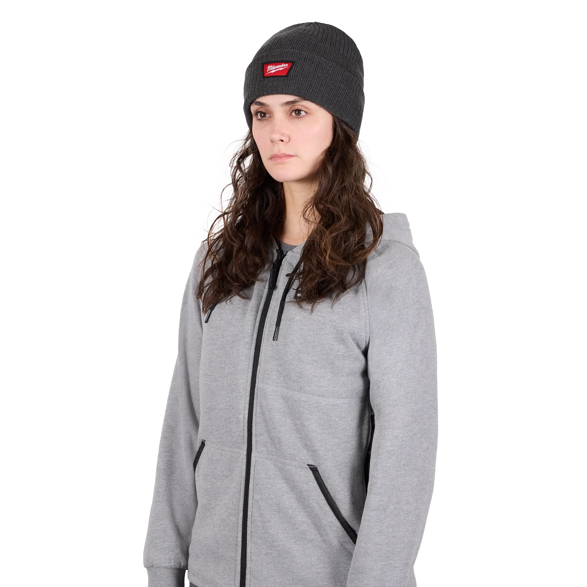 Image of a woman wearing the Milwaukee Rib-Knit Cuffed Beanie in gray