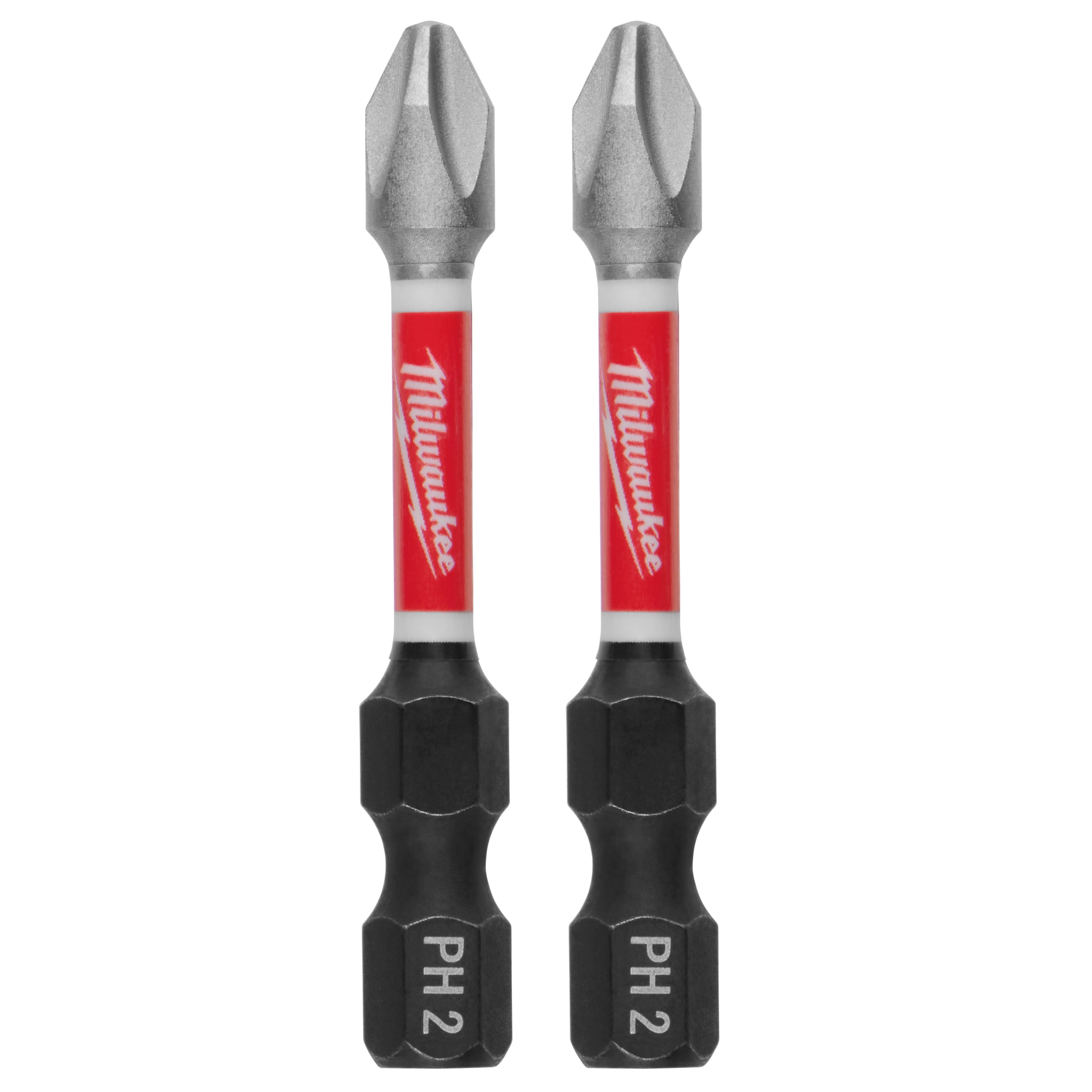 The image shows two Milwaukee SHOCKWAVE™ Impact Duty 2" PH2 Bits (2 Pack). They are designed for high durability and impact resistance, featuring a red and black design with "Milwaukee" and "PH2" labels.