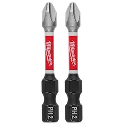 The image shows two Milwaukee SHOCKWAVE™ Impact Duty 2" PH2 Bits (2 Pack). They are designed for high durability and impact resistance, featuring a red and black design with "Milwaukee" and "PH2" labels.