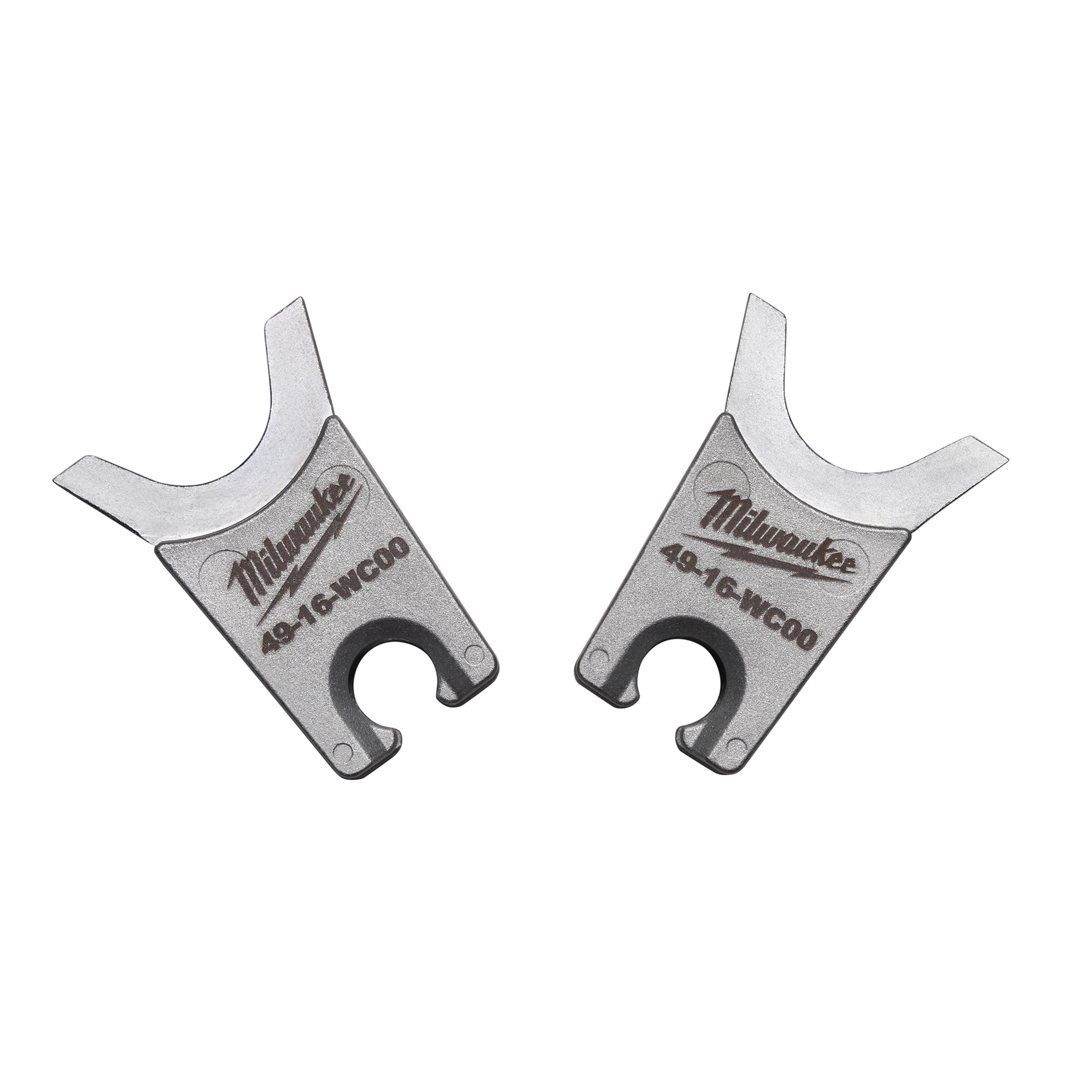 Milwaukee® W Style Dies are two silver, U-shaped metal tools with the Milwaukee® logo and the model number 49-16-WC00 engraved on each. They are used for crimping electrical connectors to ensure secure connections.