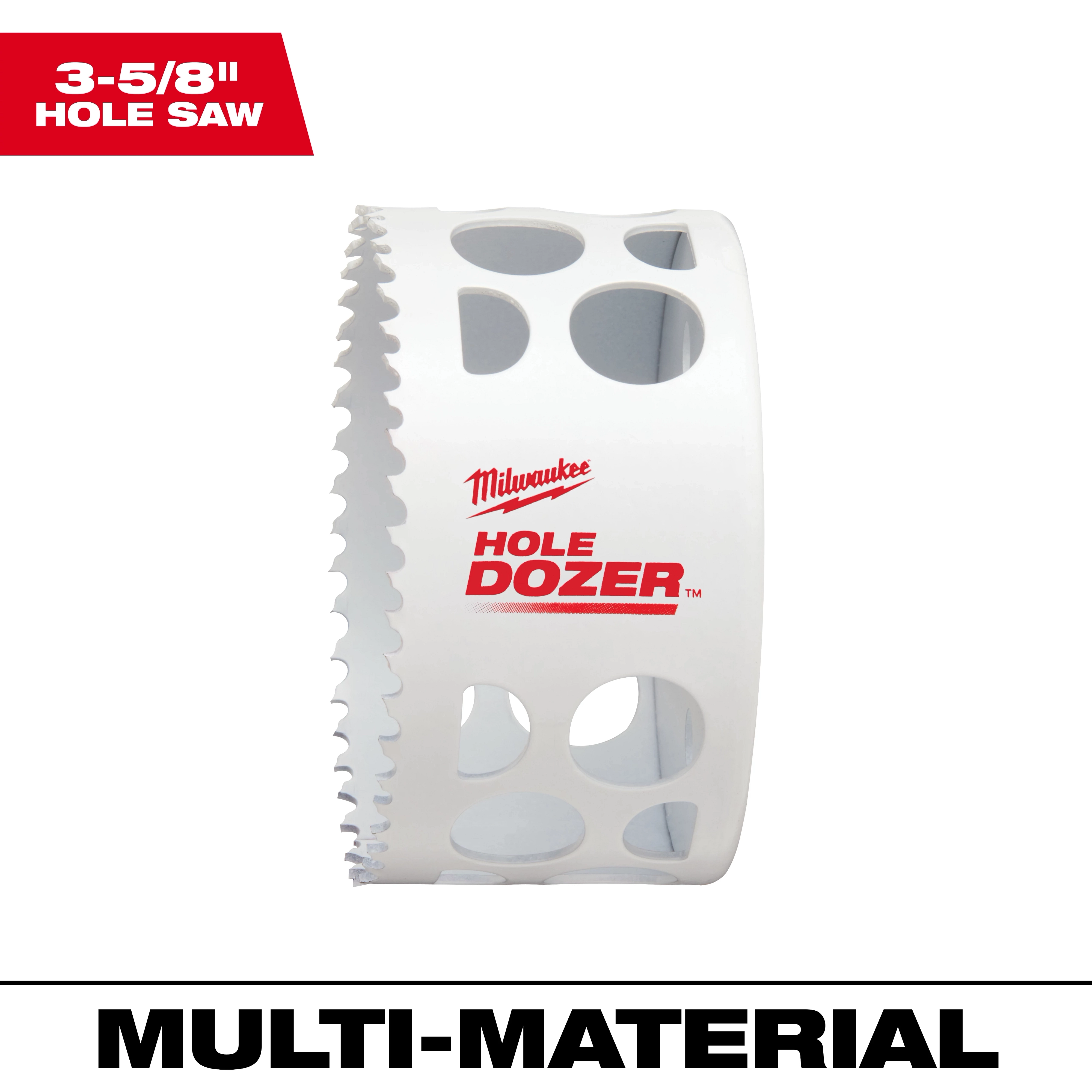 3-5/8" Hole Dozer Bi-Metal Hole Saw with sharp teeth and multiple side holes, designed for cutting multi-materials.