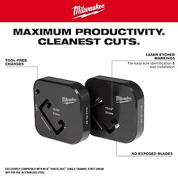 Milwaukee 13/16" x 1-5/8" Single Strut Shearing Dies, featuring laser-etched markings, tool-free changes, and no exposed blades.