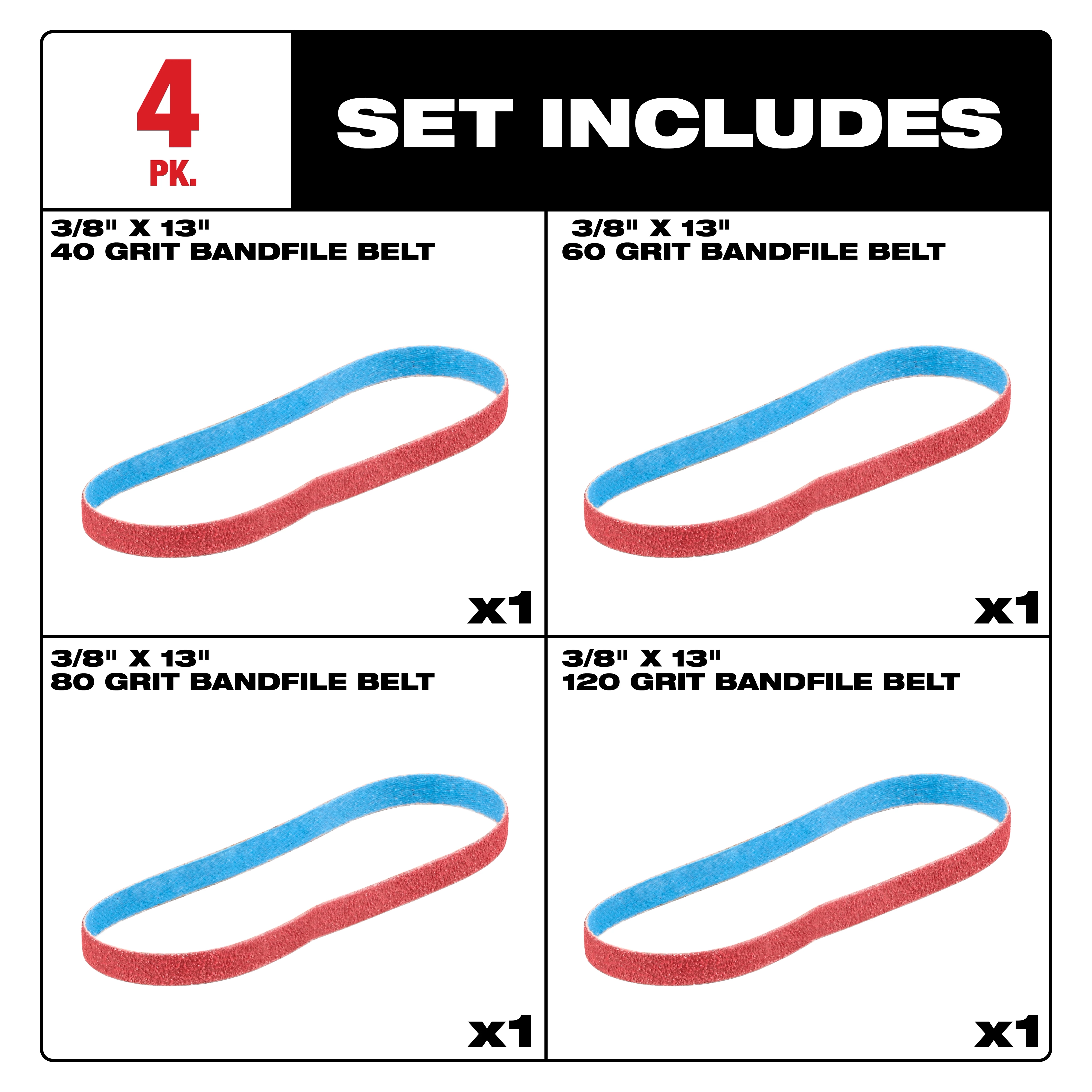 Includes image of the Milwaukee 3/8” x 13” Bandfile Belt