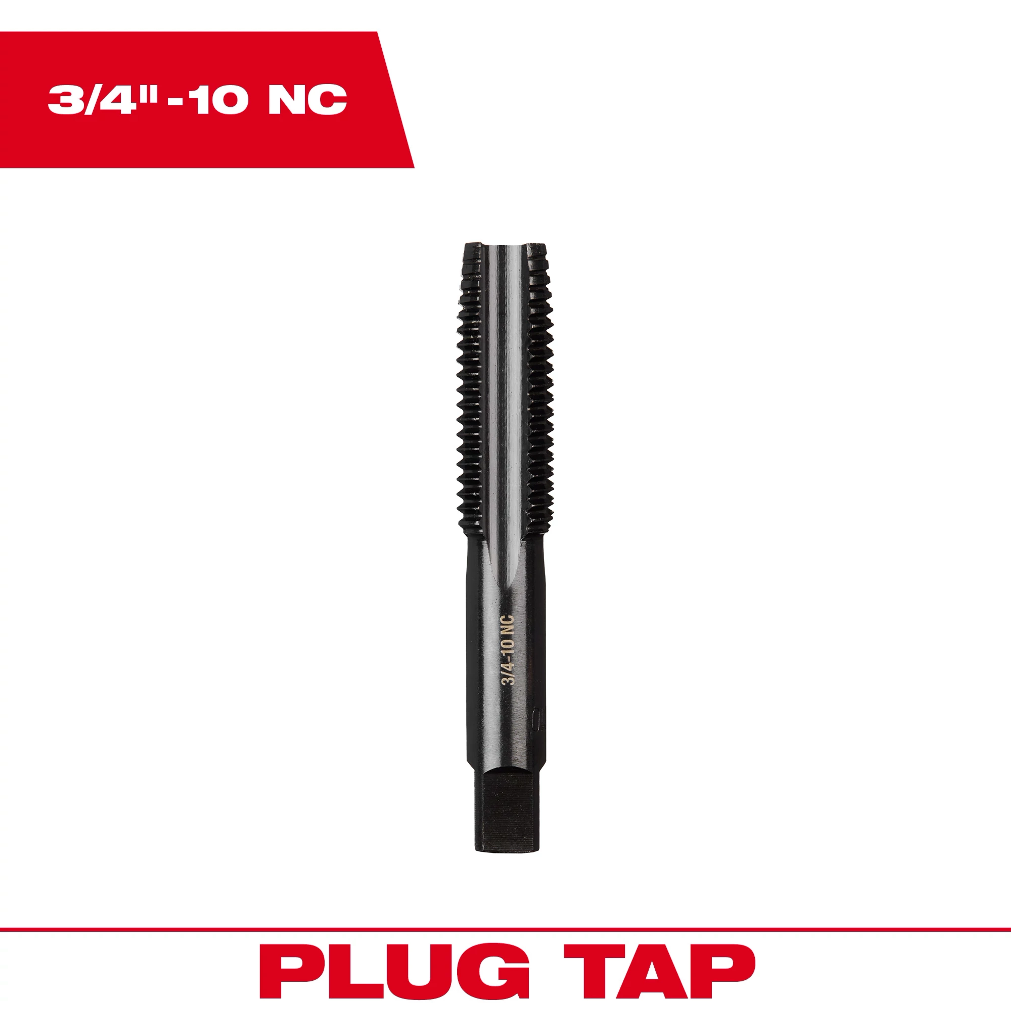 3/4"-10 NC Straight Flute Plug Tap with a black oxide finish for cutting threads in various materials, displayed on a white background.