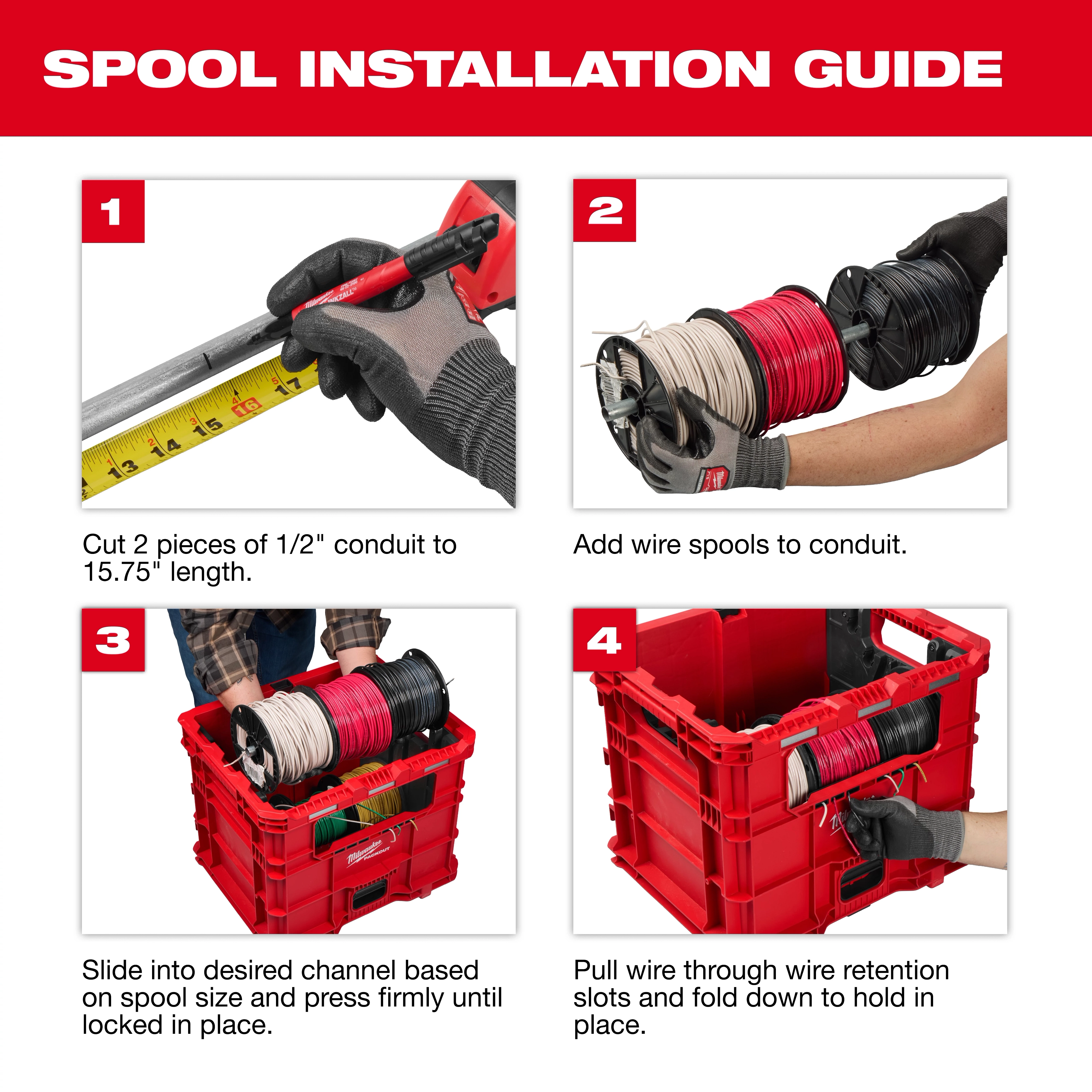 PACKOUT Wire Pulling XL Crate holding wire spools and conduit during spool installation steps.