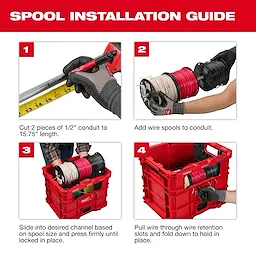 PACKOUT Wire Pulling XL Crate holding wire spools and conduit during spool installation steps.