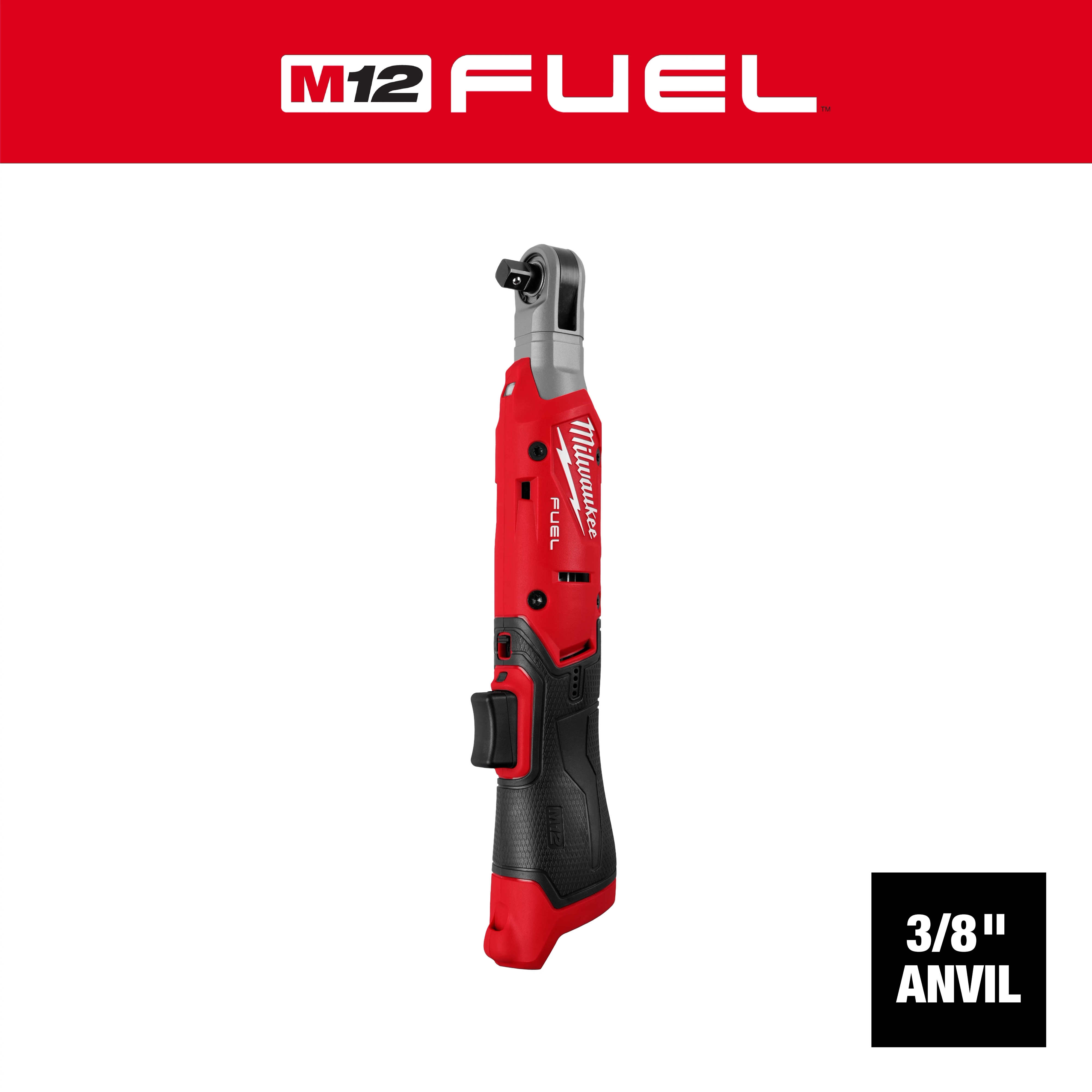 The image features an M12 FUEL™ 3/8" Ratchet, a red and black power tool designed for fastening applications. The ratchet has a compact design with a paddle switch for comfortable use and a 3/8-inch anvil. The tool branding is visible on the body. Red background with M12 FUEL™ logo.