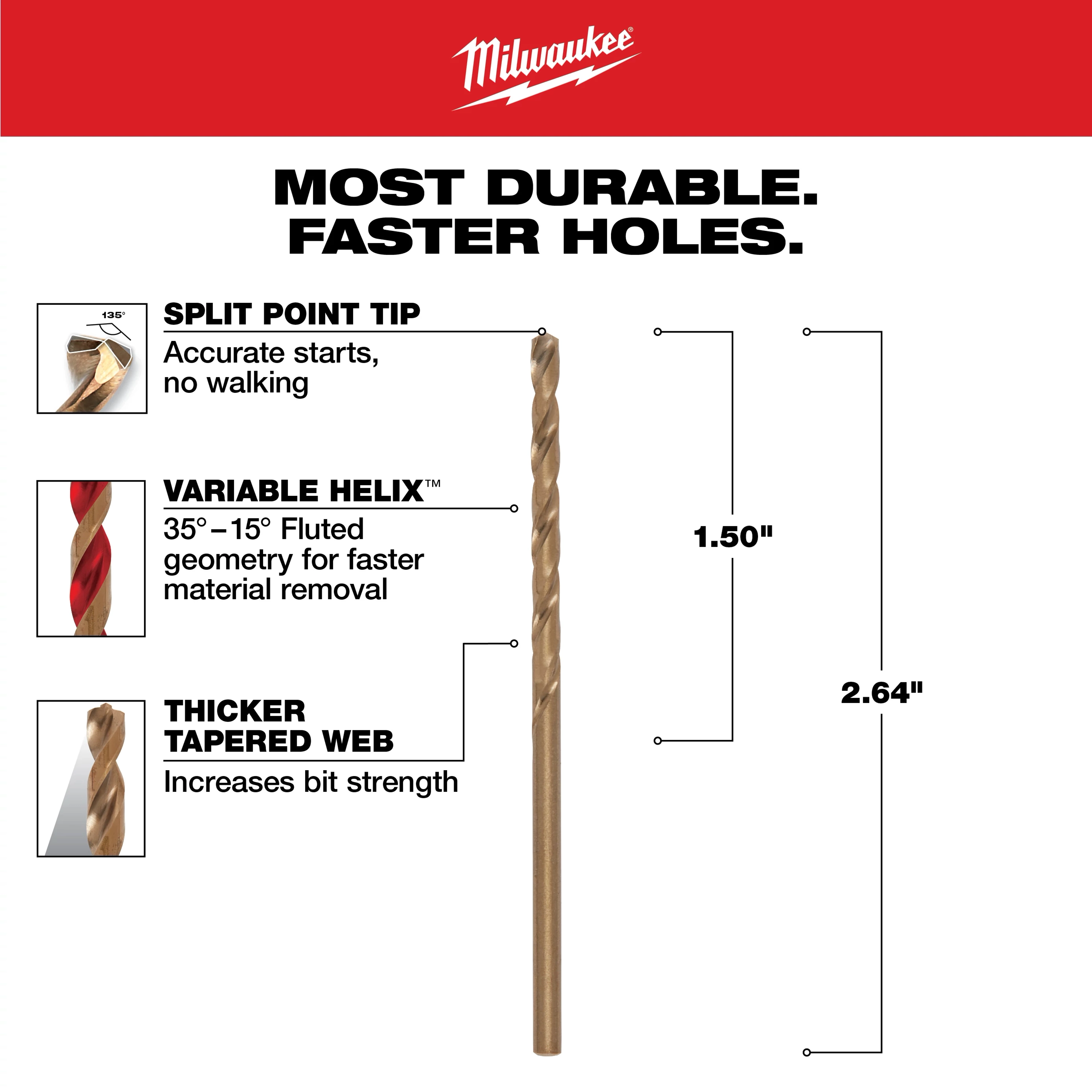 The image details a 7/64 in. Cobalt Red Helix Twist Drill Bit, featuring a split point tip for accurate starts, variable helix flutes for faster material removal, and a thicker tapered web for increased bit strength. The bit measures 1.50 inches and 2.64 inches in respective sections.