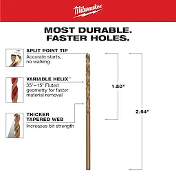 The image details a 7/64 in. Cobalt Red Helix Twist Drill Bit, featuring a split point tip for accurate starts, variable helix flutes for faster material removal, and a thicker tapered web for increased bit strength. The bit measures 1.50 inches and 2.64 inches in respective sections.