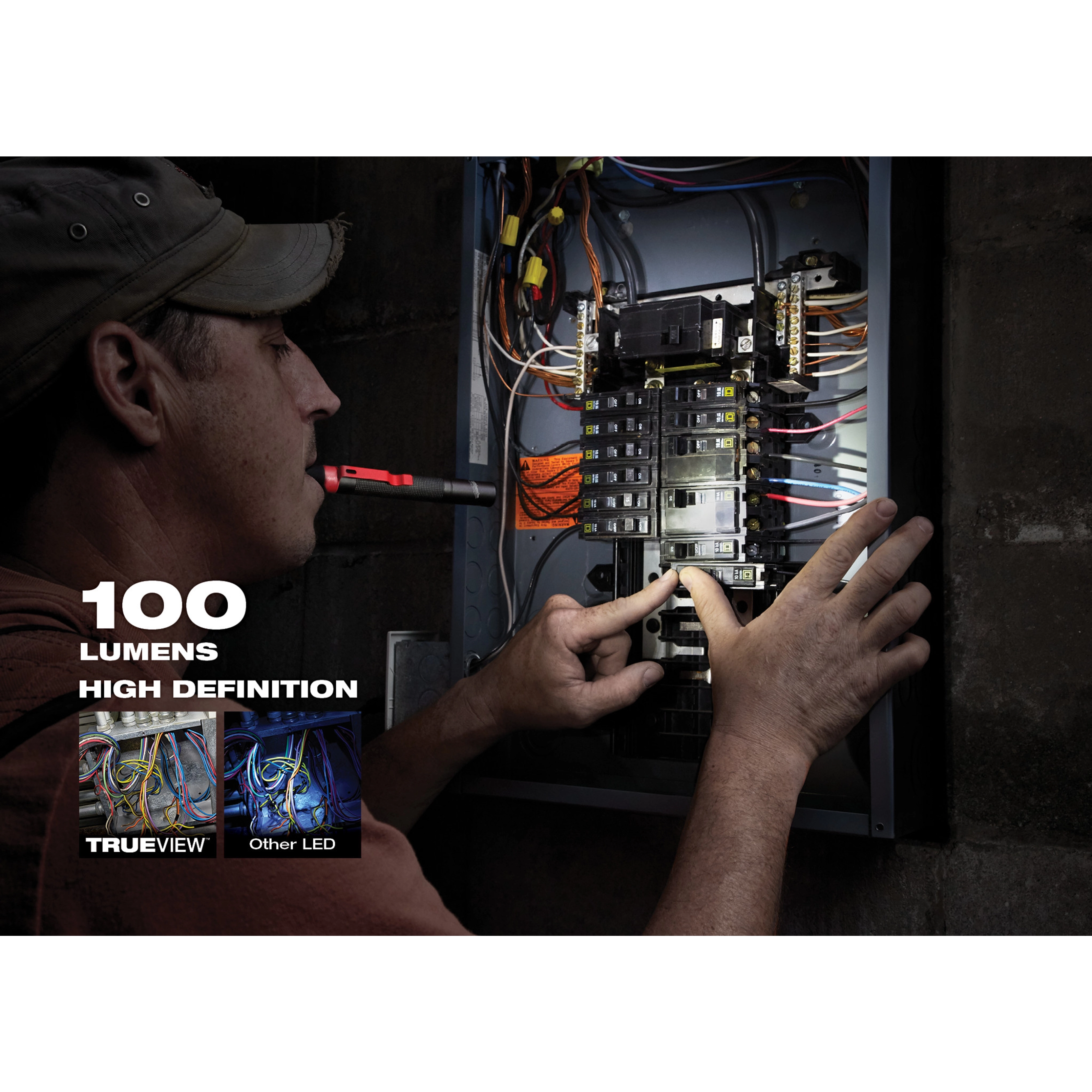 The Alkaline Penlight illuminates an electrical panel with 100 lumens of high-definition light, showing the difference between TrueView and other LEDs.