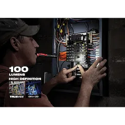 The Alkaline Penlight illuminates an electrical panel with 100 lumens of high-definition light, showing the difference between TrueView and other LEDs.