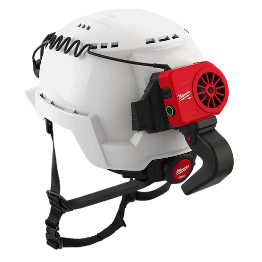 The BOLT™ REDLITHIUM™ USB Cooling Fan is attached to a white hard hat. The small, red fan is positioned at the back and features Milwaukee branding. An attached USB cable coils on top of the hard hat, ready for user connection. The hard hat has an adjustable chin strap for secure fitting.
