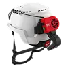 The BOLT™ REDLITHIUM™ USB Cooling Fan is attached to a white hard hat. The small, red fan is positioned at the back and features Milwaukee branding. An attached USB cable coils on top of the hard hat, ready for user connection. The hard hat has an adjustable chin strap for secure fitting.