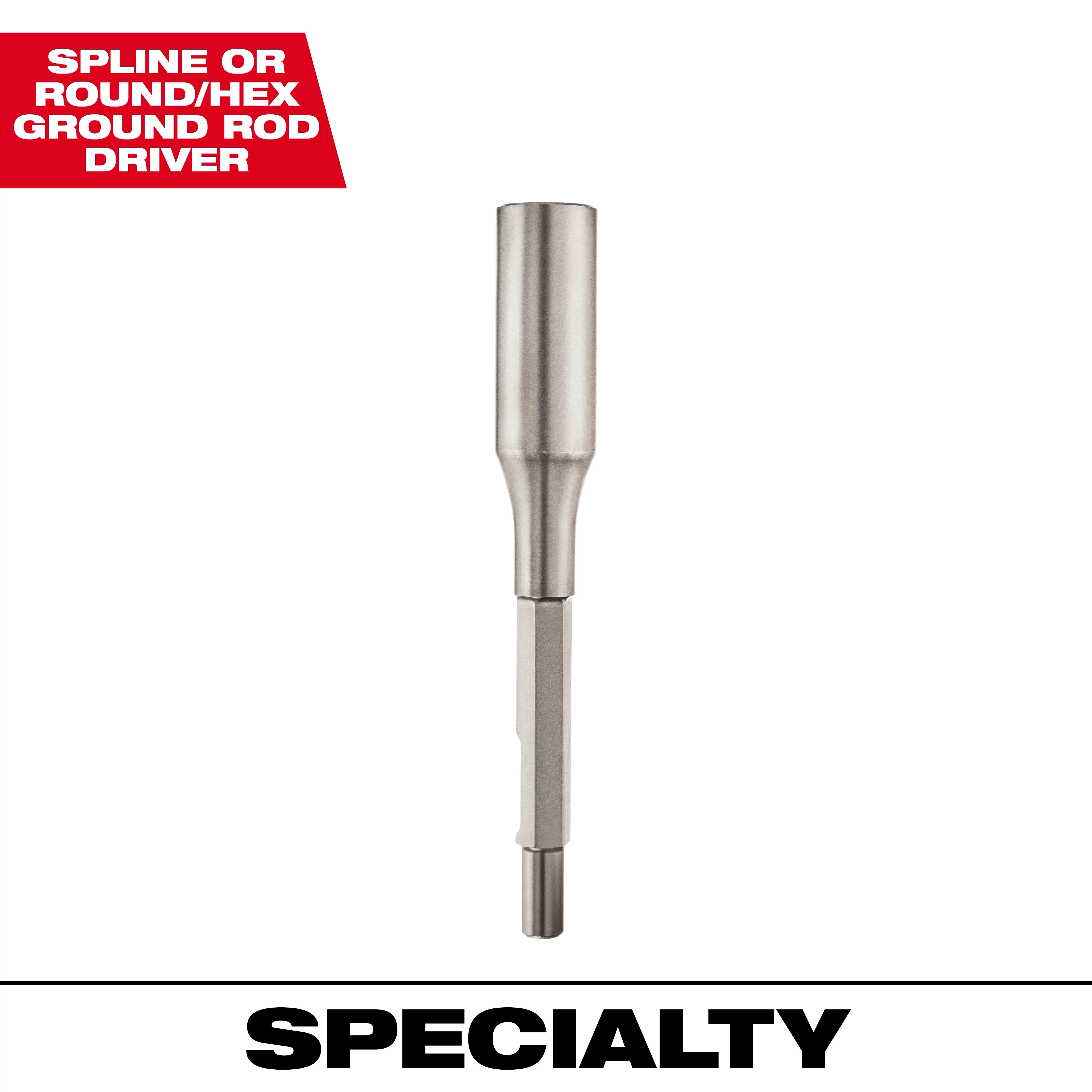 10 in. Spline and Round Hex Ground Rod Driver with a hexagonal base and cylindrical top, used for driving ground rods.