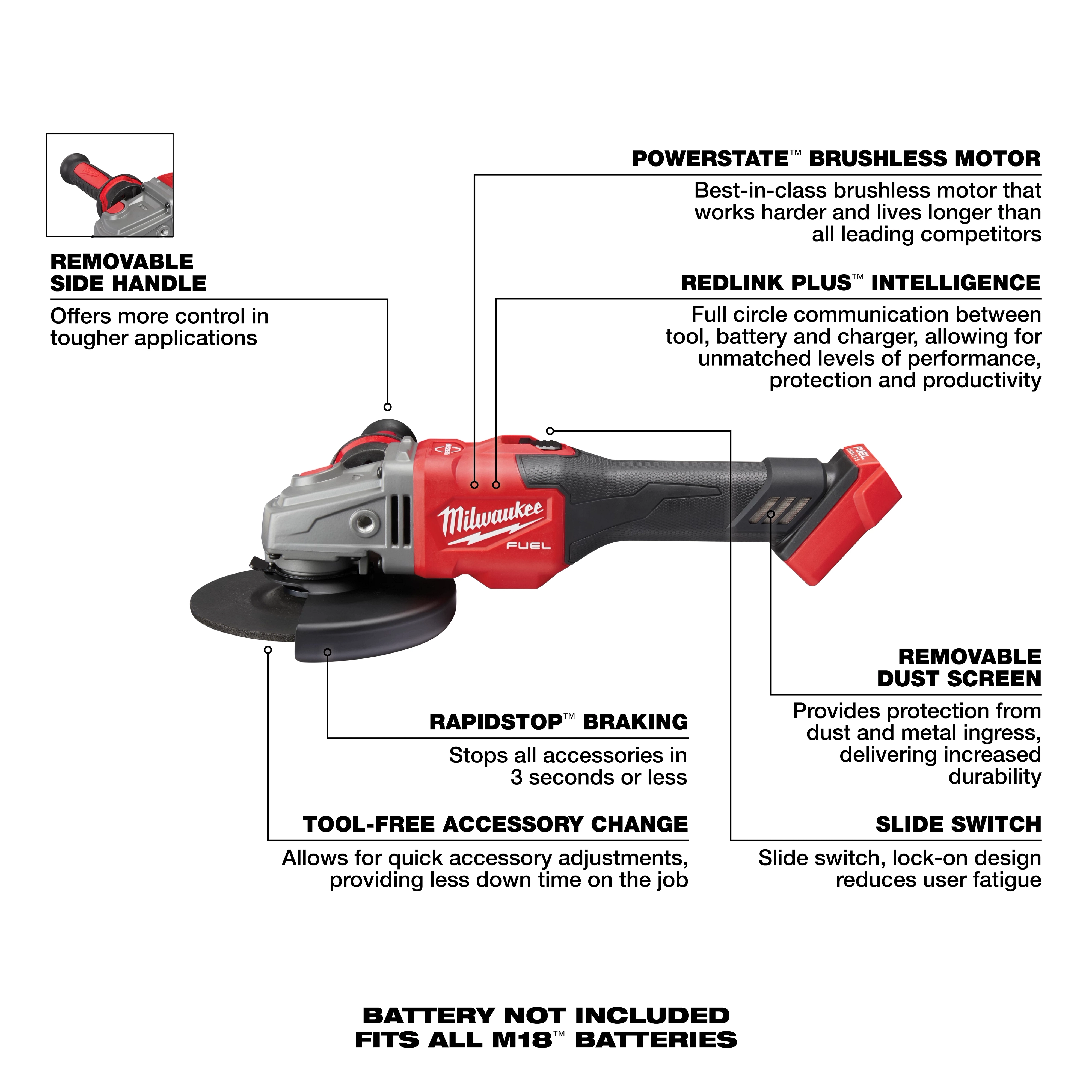 Milwaukee M18 FUEL 4-1/2” - 6” Braking Grinder Kit features a brushless motor, slide switch with lock-on design, REDLINK PLUS intelligence for performance and protection, RapidStop braking, tool-free accessory change, removable side handle, and a removable dust screen. Battery not included; fits all M18 batteries.