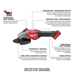 Milwaukee M18 FUEL 4-1/2” - 6” Braking Grinder Kit features a brushless motor, slide switch with lock-on design, REDLINK PLUS intelligence for performance and protection, RapidStop braking, tool-free accessory change, removable side handle, and a removable dust screen. Battery not included; fits all M18 batteries.