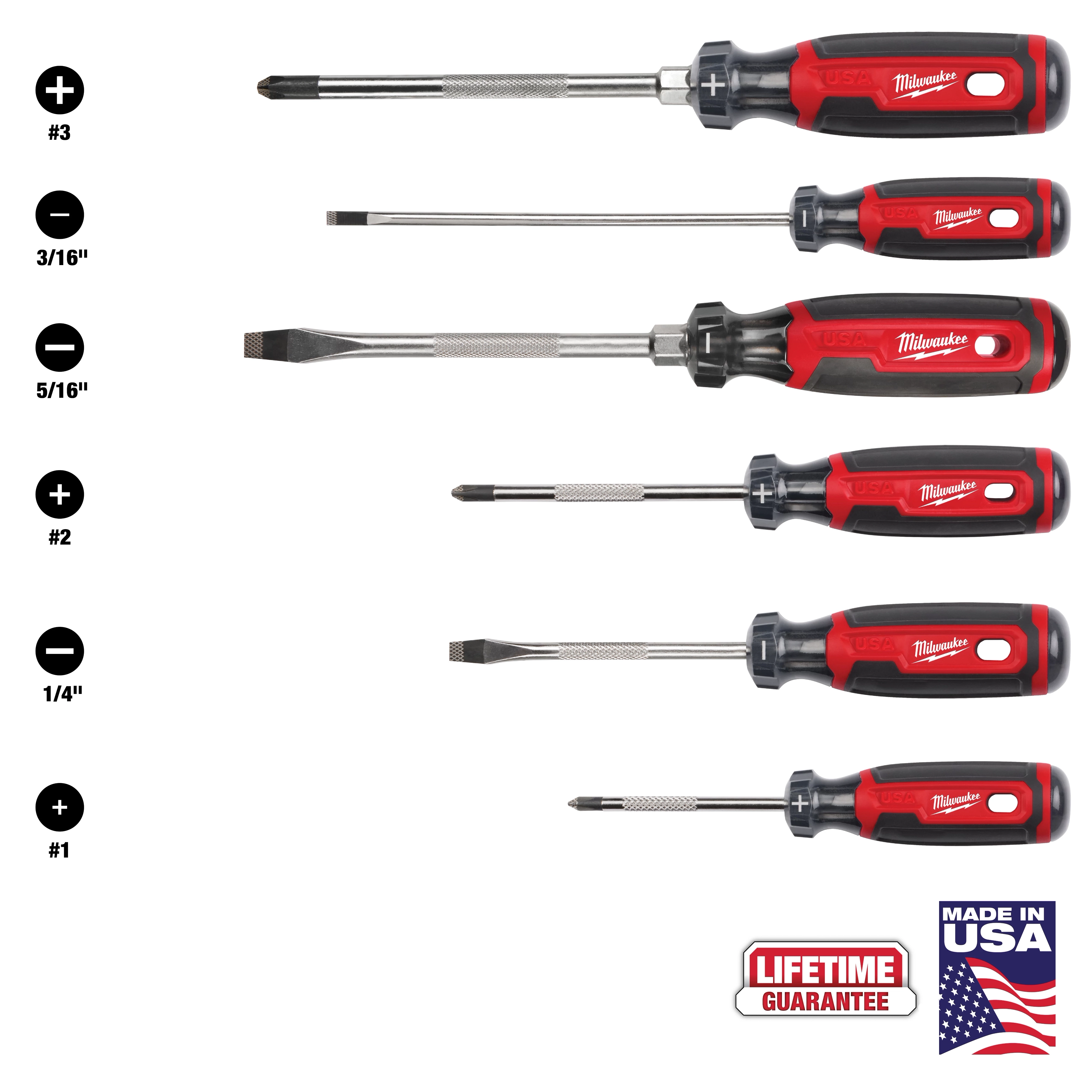 6PC Cushion Grip Screwdriver Set (USA) with red and black handles, includes various flathead and Phillips screwdrivers, and a lifetime guarantee.