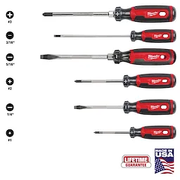 6PC Cushion Grip Screwdriver Set (USA) with red and black handles, includes various flathead and Phillips screwdrivers, and a lifetime guarantee.