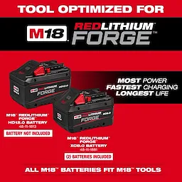 Two M18 RedLithium Forge batteries, model HD12.0 and XC8.0, are displayed with descriptions indicating battery inclusion status.