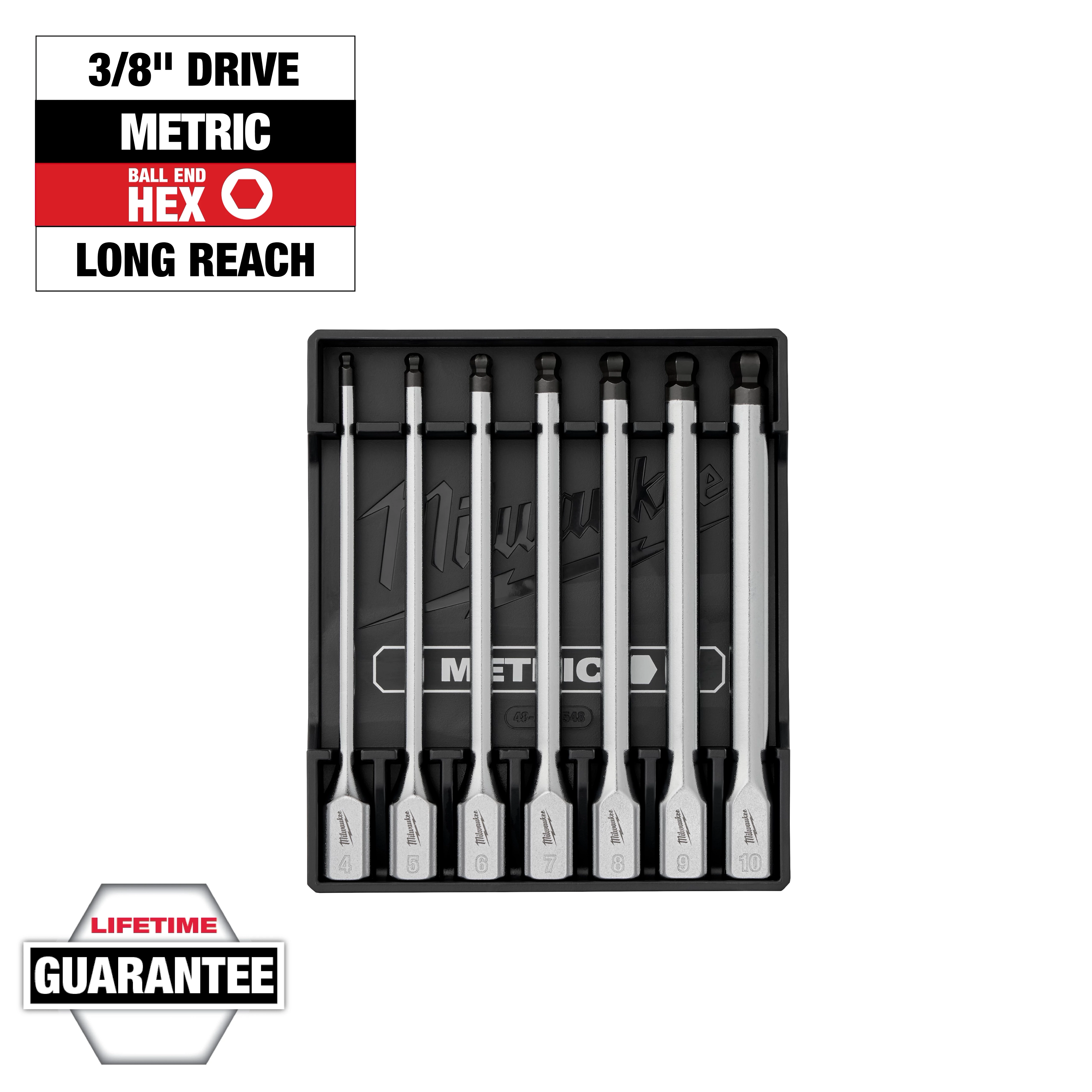 7-piece 3/8" Drive Long Ball End Hex Bit Socket Set - Metric displayed in a black tray with guarantee and product labels.