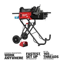 Milwaukee MX FUEL™ Pipe Threading Machine features a compact, portable design with wheels for easy transport. It can thread up to 165 three-quarter-inch pipes per charge and offers streamlined setup and cleanup. The red and black machine includes a foot pedal and a built-in connectivity feature.