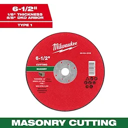 6-1/2" x 1/8" x 5/8" DKO Masonry Cut Off Wheel Type 1 for cutting masonry, with a red abrasive surface and labeled specifications.