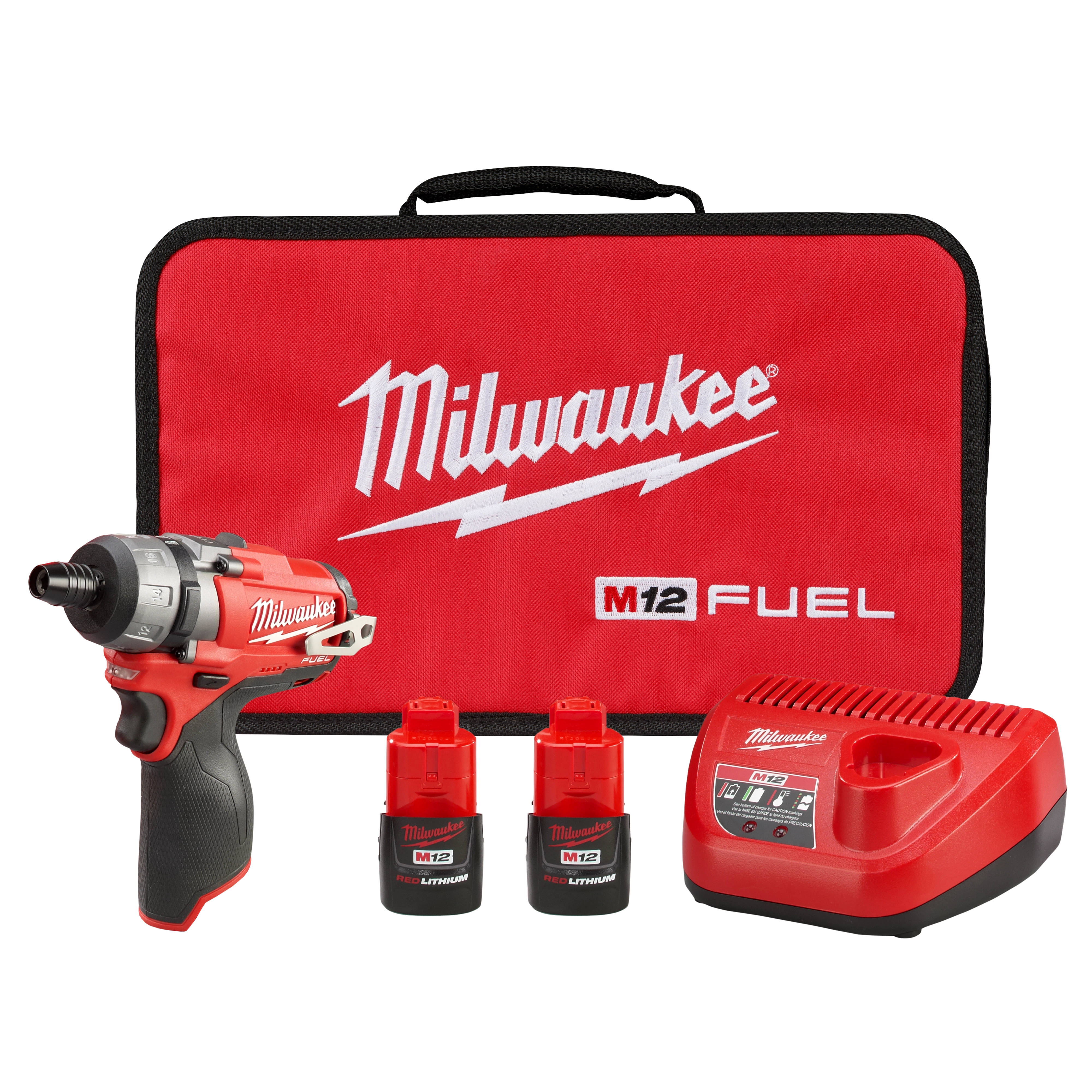 Milwaukee M12 Fuel 1/4" Hex 2-Speed Screw Driver 2402 with two batteries, charger, and red carrying case displaying the brand logo.