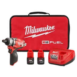 Milwaukee M12 Fuel 1/4" Hex 2-Speed Screw Driver 2402 with two batteries, charger, and red carrying case displaying the brand logo.