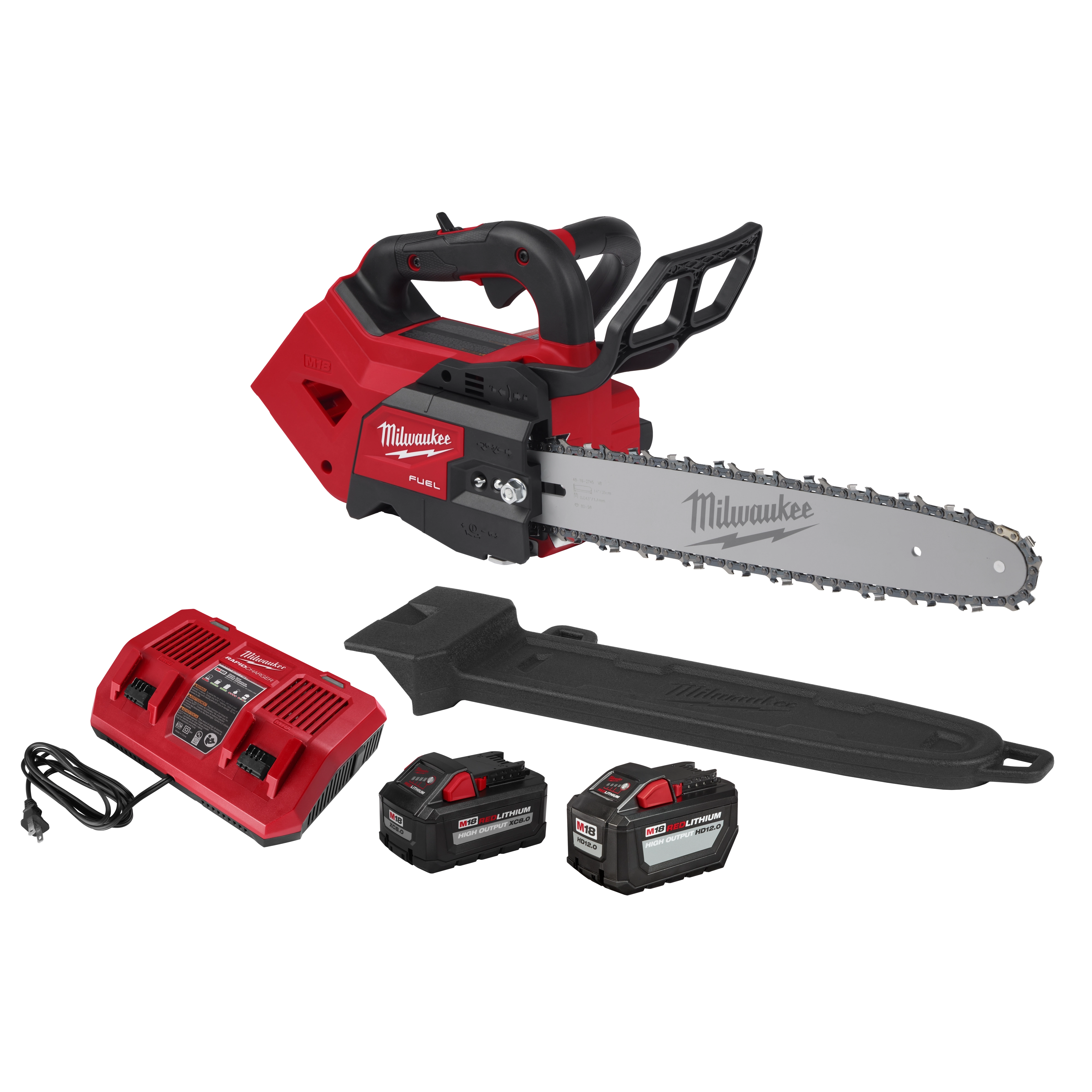 Milwaukee M18 FUEL 14" Top Handle Chainsaw with charger, two batteries, and chain cover laid out on a white background.