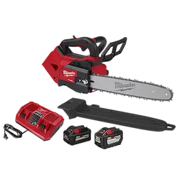 Milwaukee M18 FUEL 14" Top Handle Chainsaw with charger, two batteries, and chain cover laid out on a white background.