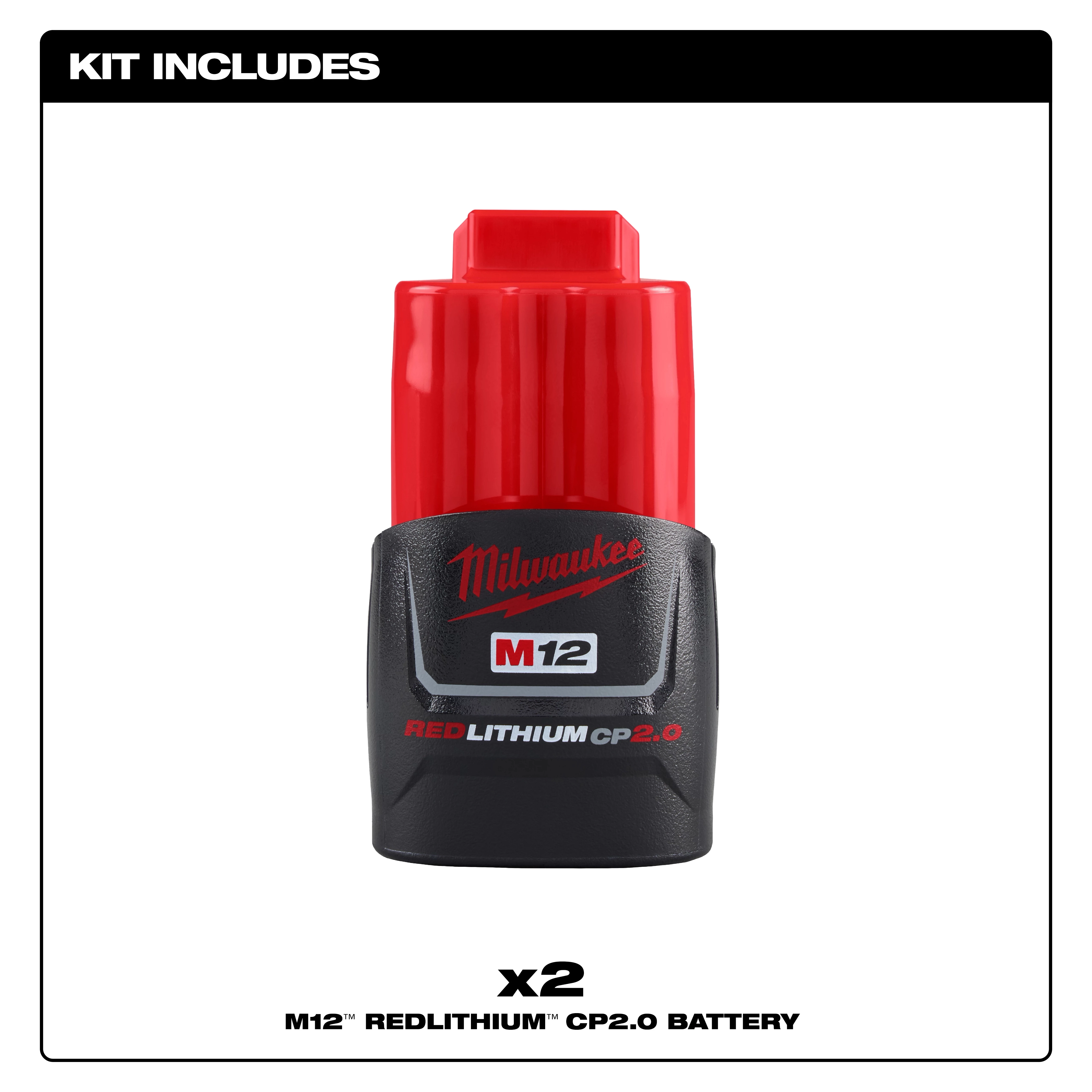 Milwaukee M12 REDLITHIUM CP2.0 Battery Two Pack provides enhanced performance and durability, featuring a compact design with red and black casing.