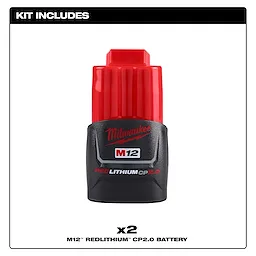 Milwaukee M12 REDLITHIUM CP2.0 Battery Two Pack provides enhanced performance and durability, featuring a compact design with red and black casing.
