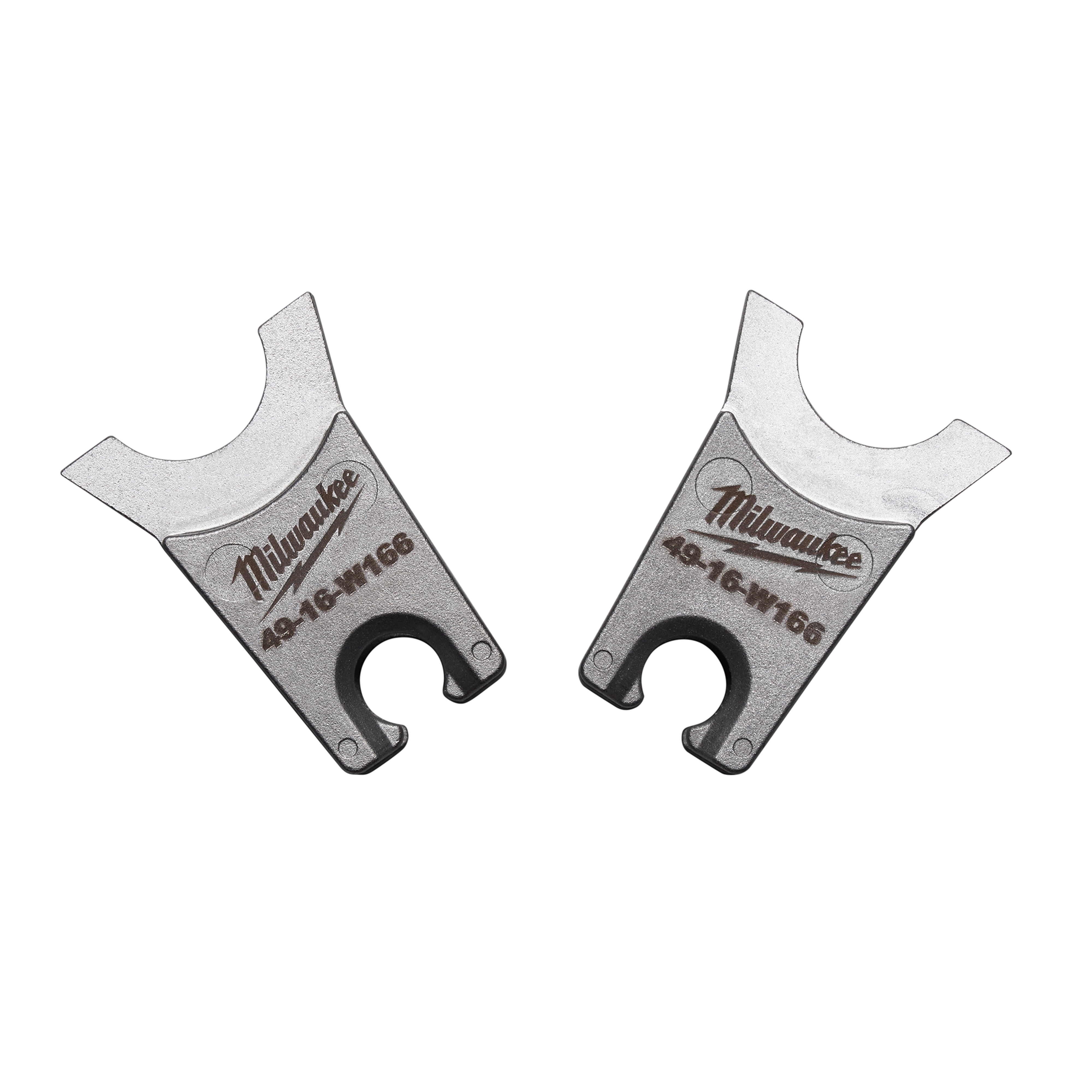 Two metallic wrench heads labeled “Milwaukee” and “49-16-W166.” The product name is W Style: W-166 Die. The heads have a silver finish, curved open-end and circular grip section at the bottom.