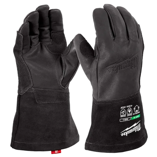 Cut Level 6 Cowhide Leather MIG Welding Gloves - S/M/L/XL/XXL shown upright, displaying palm and back details.