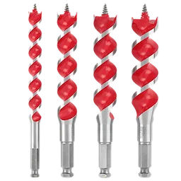 The image displays the Spur Auger Bit 6-1/2" Set - 4PC, consisting of four bits of varying thickness. Each bit has a spiral design with red and silver accents and features a hexagonal base. The tips are threaded for precise drilling.