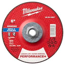 6" x 1/4" x 5/8"-11 Performance+ Metal Grinding Wheel - Type 27 featuring a red abrasive surface, indicating usage for metal and stainless.